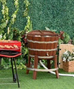 Outsunny 13 Gallons Retro Style Wooden Cooler Ice Bucket with Support Frame Foldable Flip Cover and Drain Faucet