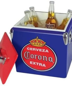 Koolatron 14 Quart 18 Can Capacity Portable Retro Corona Ice Chest Stainless Steel Hard Cooler with Built In Bottle Opener and Self Locking Lid, Blue