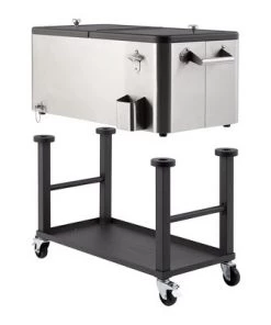 TRINITY TXK-0803 80 Quart Stainless Steel Raised Cooler and Ice Cart with Shelf, Wheels, Bottle Opener, and Cap Catcher, Holds 96 Cans, Silver