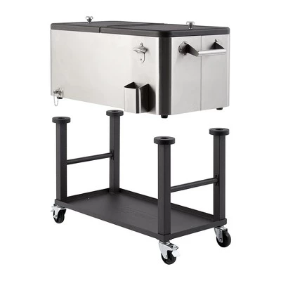 TRINITY TXK-0803 80 Quart Stainless Steel Raised Cooler and Ice Cart with Shelf, Wheels, Bottle Opener, and Cap Catcher, Holds 96 Cans, Silver 1 TRINITY TXK-0803 80 Quart Stainless Steel Raised Cooler and Ice Cart with Shelf, Wheels, Bottle Opener, and Cap Catcher, Holds 96 Cans, Silver