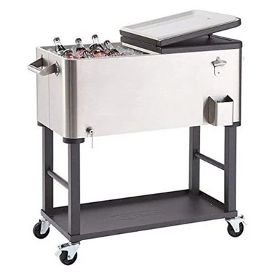 TRINITY TXK-0803 80 Quart Stainless Steel Raised Cooler and Ice Cart with Shelf, Wheels, Bottle Opener, and Cap Catcher, Holds 96 Cans, Silver 2 TRINITY TXK-0803 80 Quart Stainless Steel Raised Cooler and Ice Cart with Shelf, Wheels, Bottle Opener, and Cap Catcher, Holds 96 Cans, Silver - Image 2