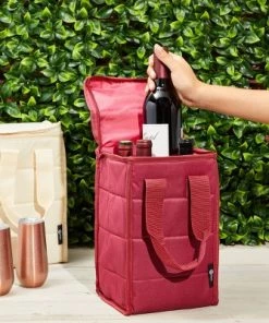 Okuna Outpost 2 Pack Wine Bags for Wine Bottles Insulated with Handles for 4 Bottles, Beach, Summer Supplies, Burgundy/ White, 12 x 7 x 7 in