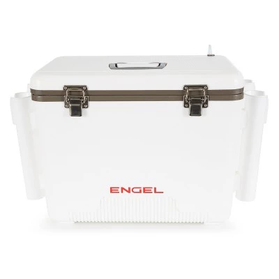 Engel 30 Quart Insulated Live Bait Fishing Dry Box 48 Can Hard Airtight Cooler with Water Speed Aerator Pump, Removable Pull Net and 4 Rod Holders 1 Engel 30 Quart Insulated Live Bait Fishing Dry Box 48 Can Hard Airtight Cooler with Water Speed Aerator Pump, Removable Pull Net and 4 Rod Holders